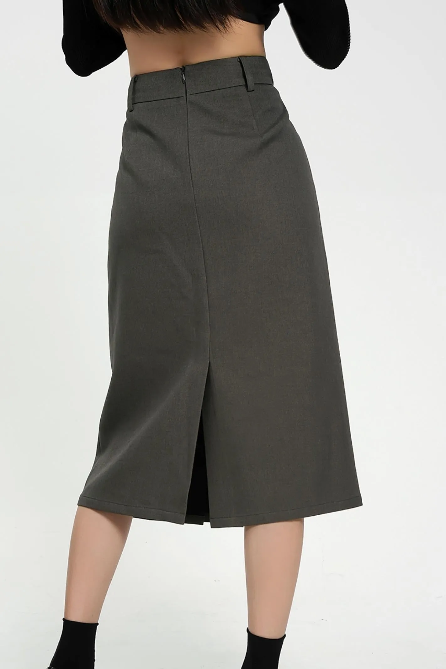 Pleated Midi Skirt - High-Waisted A-Line Olive Green Office Wear