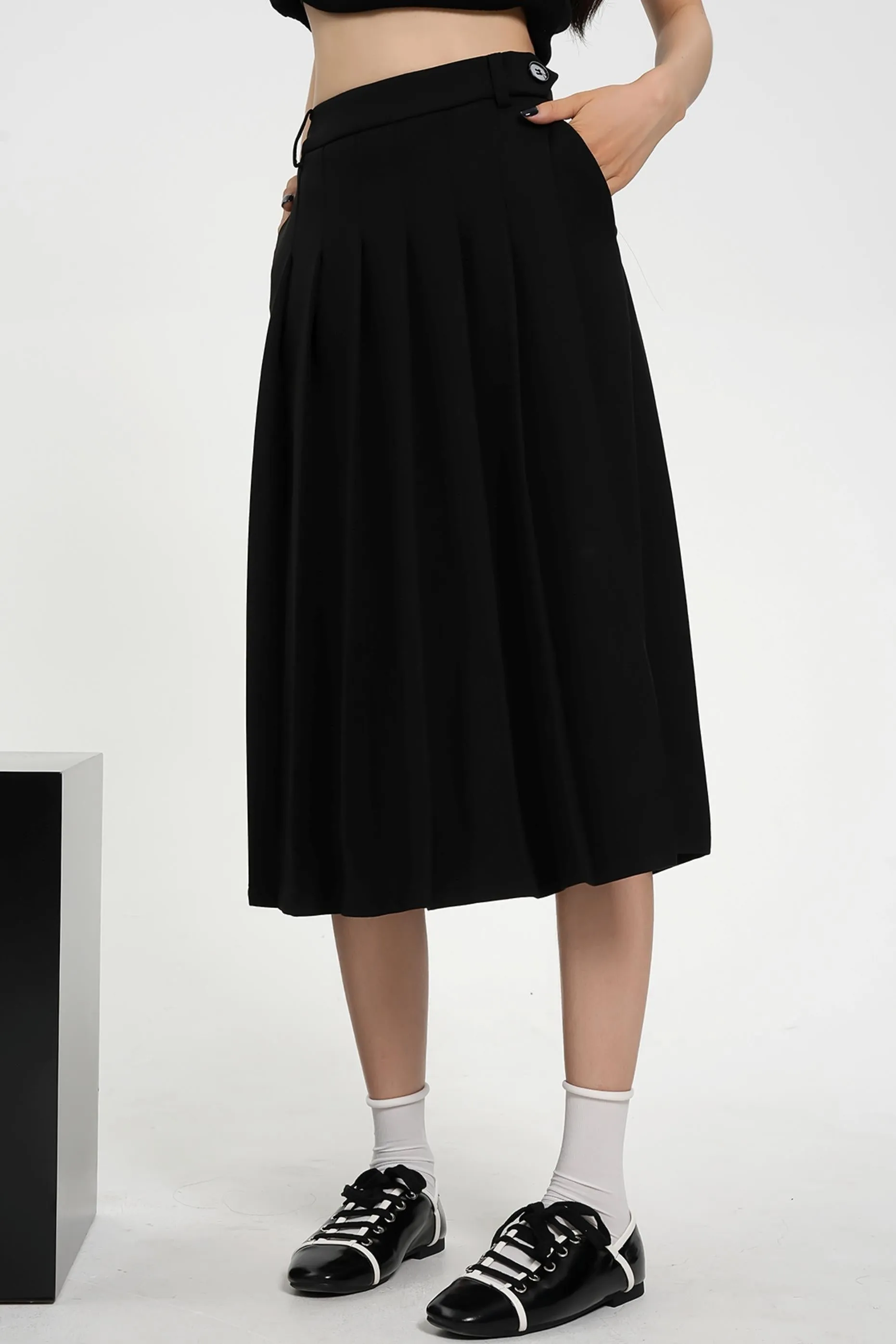 Pleated Midi Skirt - High-Waisted A-Line Olive Green Office Wear