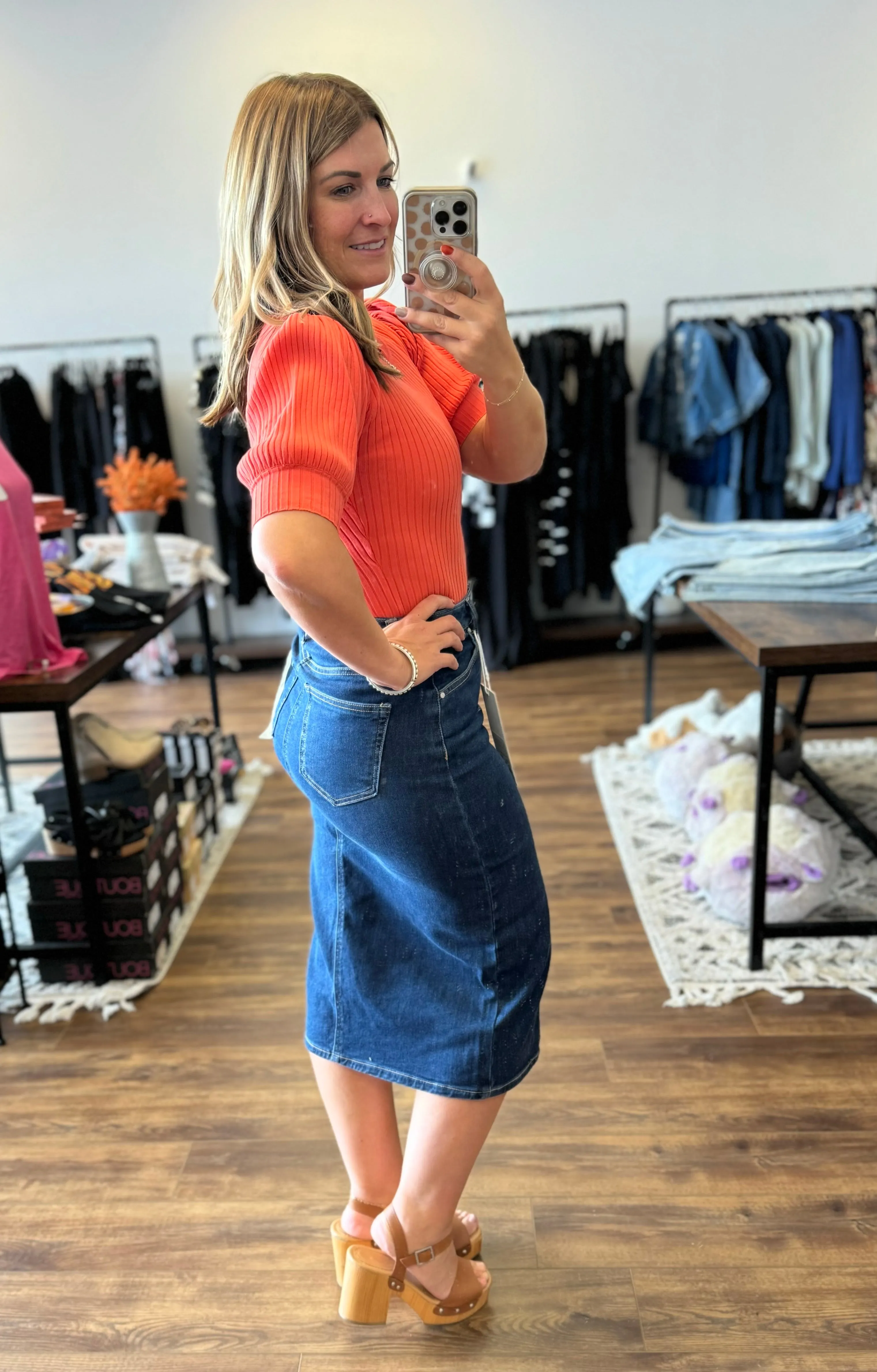 Risen - High Rise Denim Midi Skirt