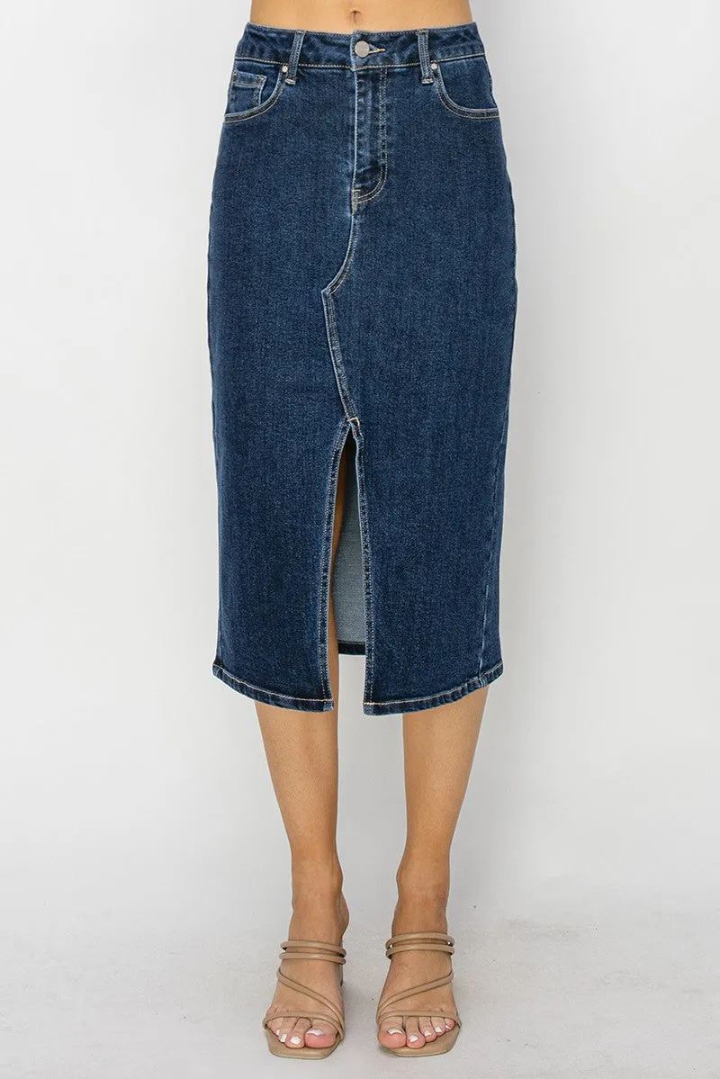 Risen - High Rise Denim Midi Skirt