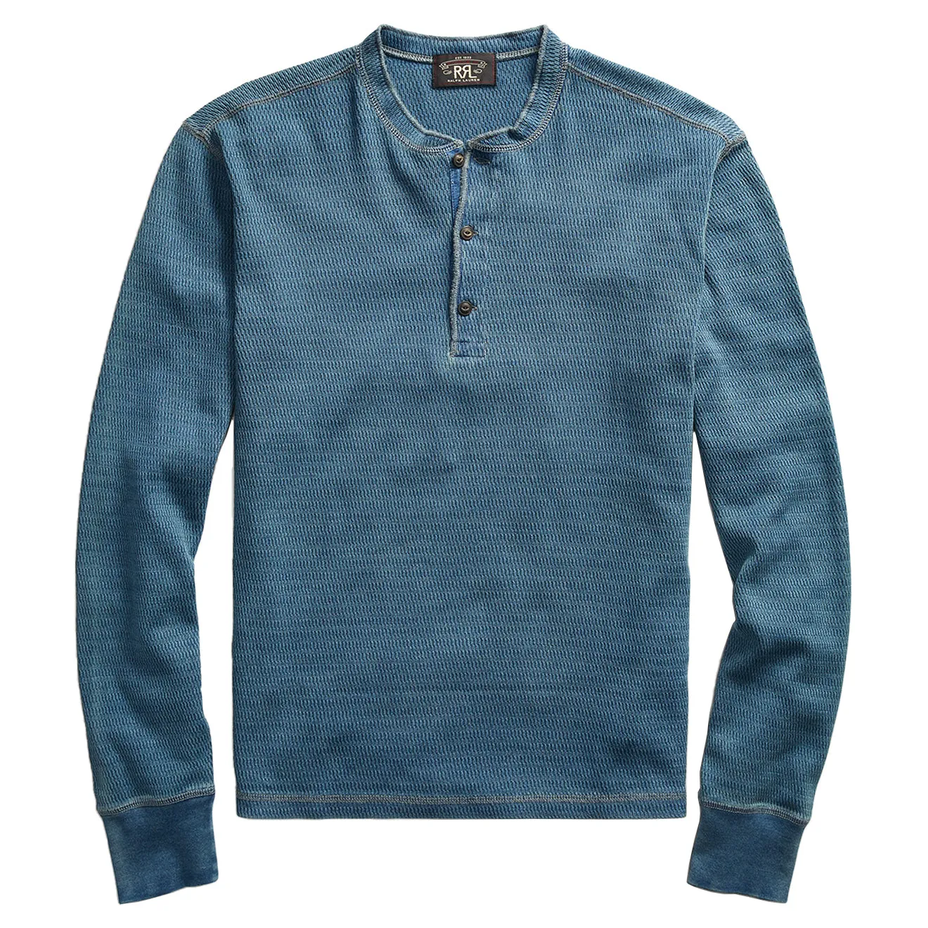 RRL by Ralph Lauren Waffle Knitted Cotton Henley Washed Blue Indigo