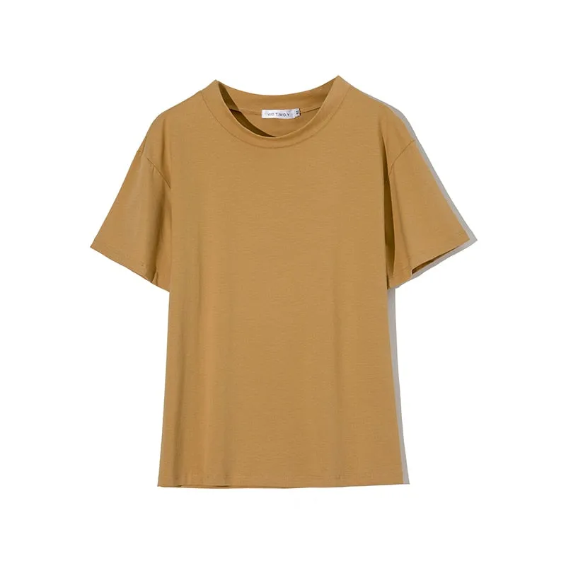 Simple V-Neck Cotton Knit T-Shirt for Women