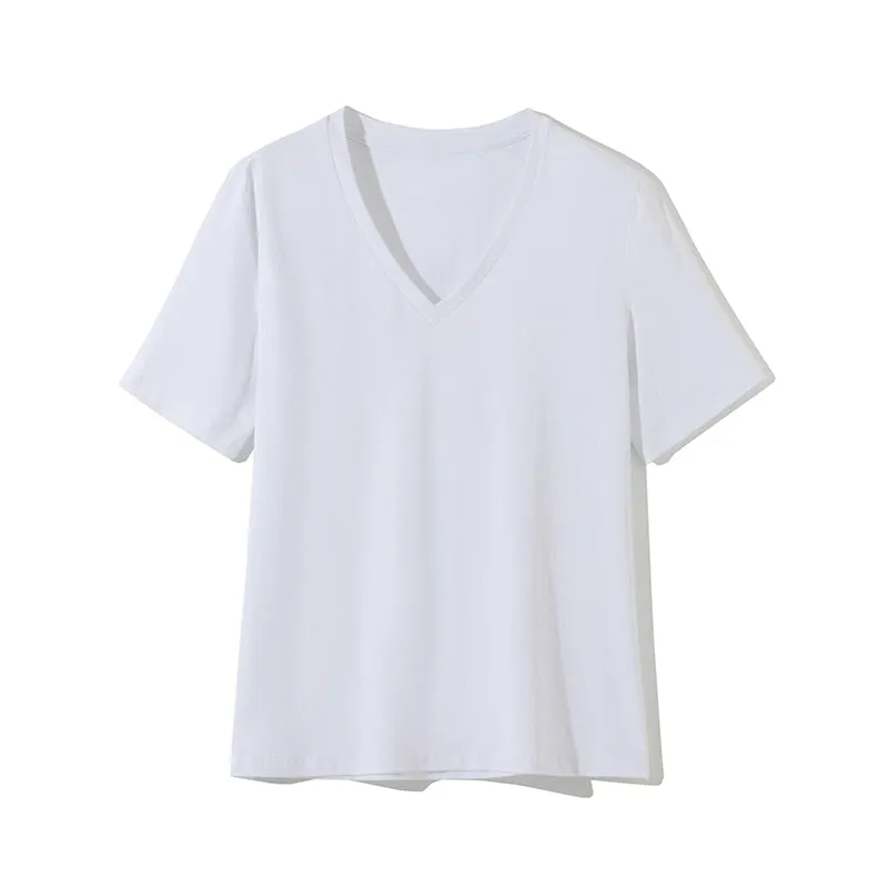 Simple V-Neck Cotton Knit T-Shirt for Women