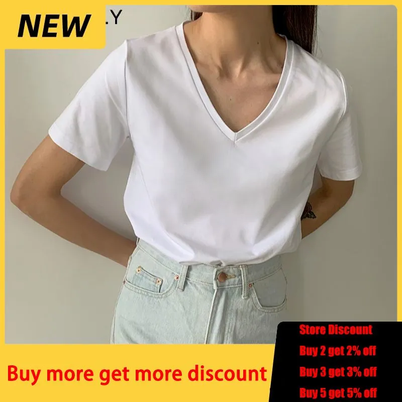 Simple V-Neck Cotton Knit T-Shirt for Women