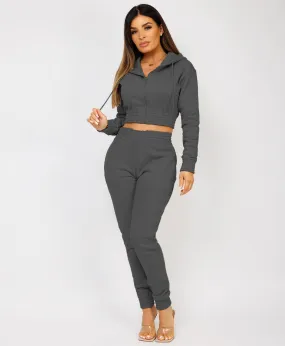 Slate Grey Zipped Cropped Hooded Tracksuit Loungewear Set