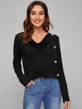 Solid Cowl Neck Button Detail Tee