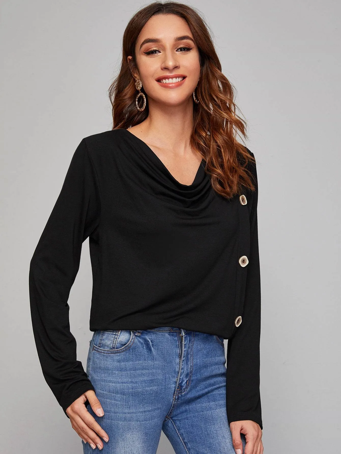 Solid Cowl Neck Button Detail Tee