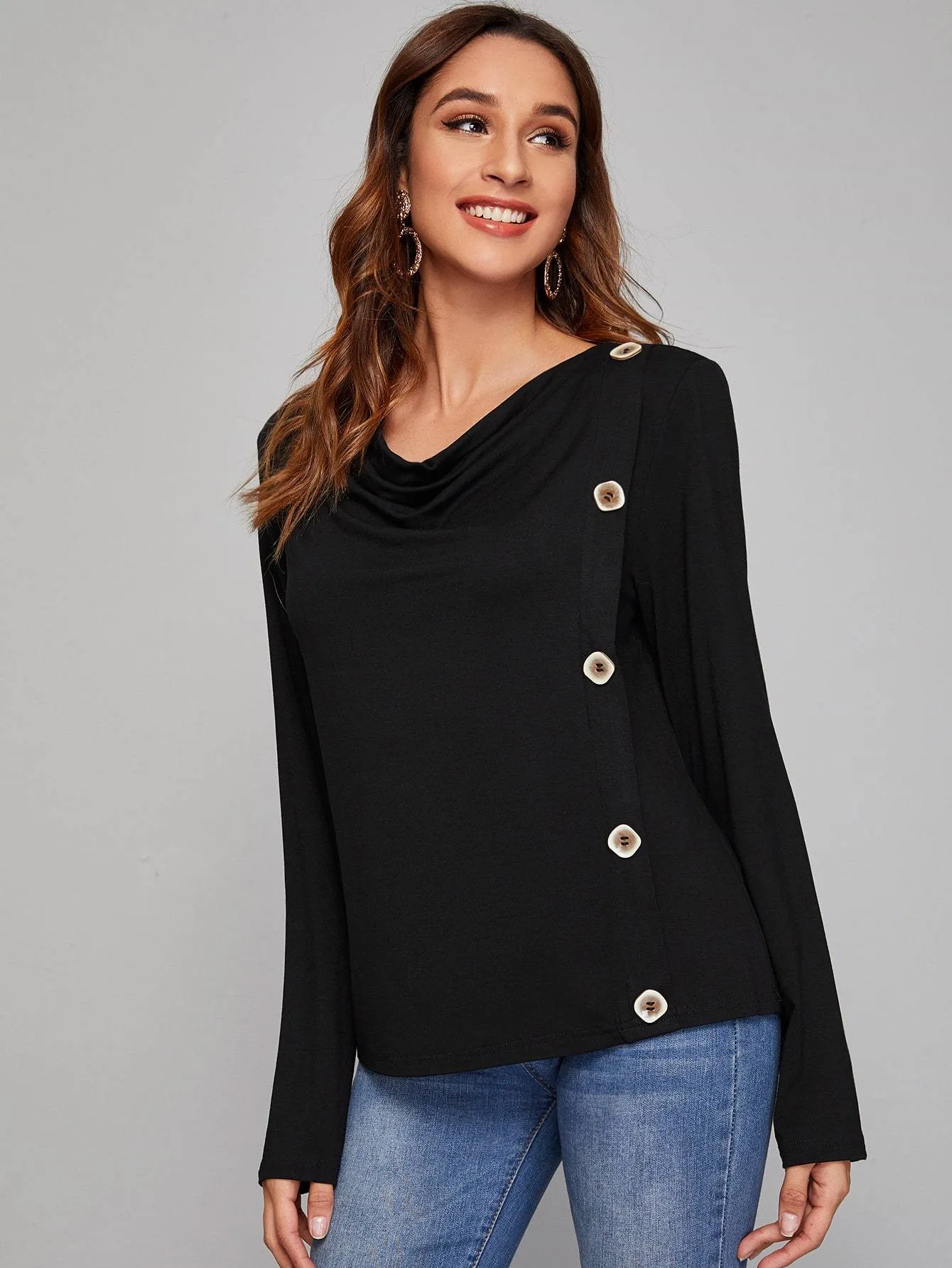 Solid Cowl Neck Button Detail Tee