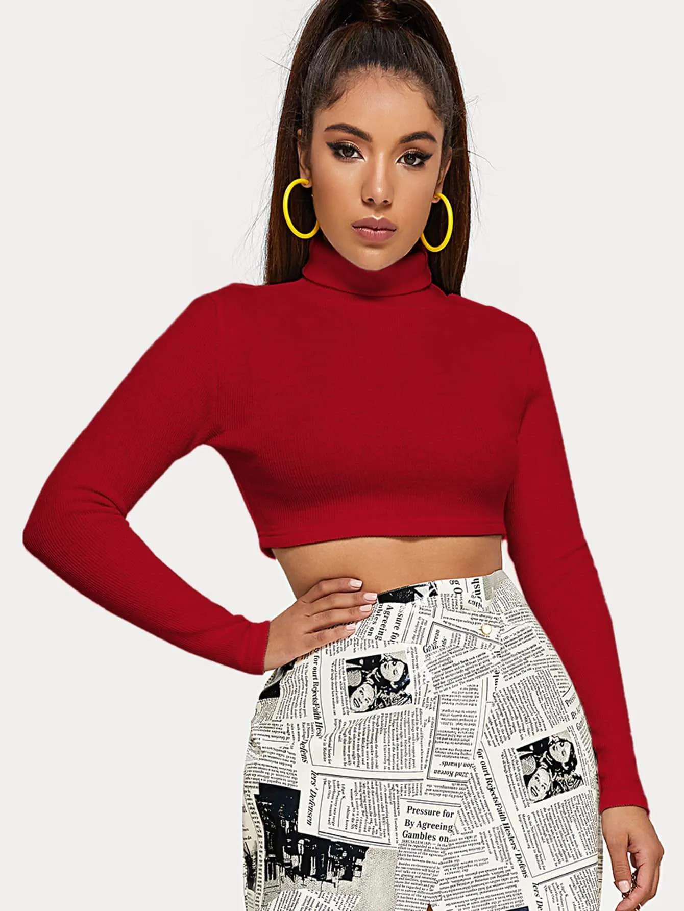 Solid Funnel Neck Crop Jumper Red, Bright