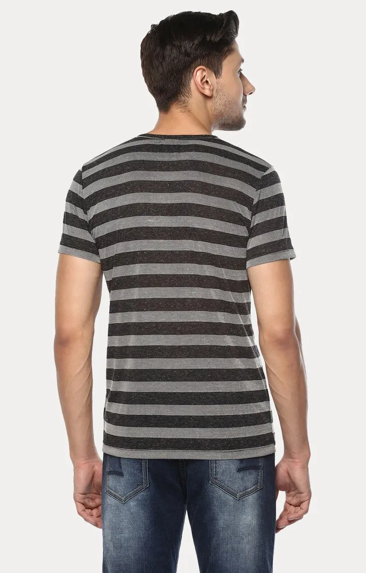 Spykar Grey Striped Slim Fit Men T-Shirts