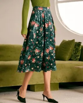 The Green Elastic Waist Floral Velvet Midi Skirt