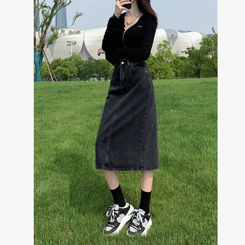 Vintage High Waist Women Denim Midi Skirt Summer Thin Section Slit A Line Skirts Fashion Casual All Match Denim Skirts