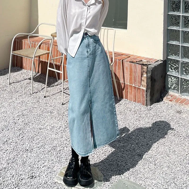 Vintage High Waist Women Denim Midi Skirt Summer Thin Section Slit A Line Skirts Fashion Casual All Match Denim Skirts