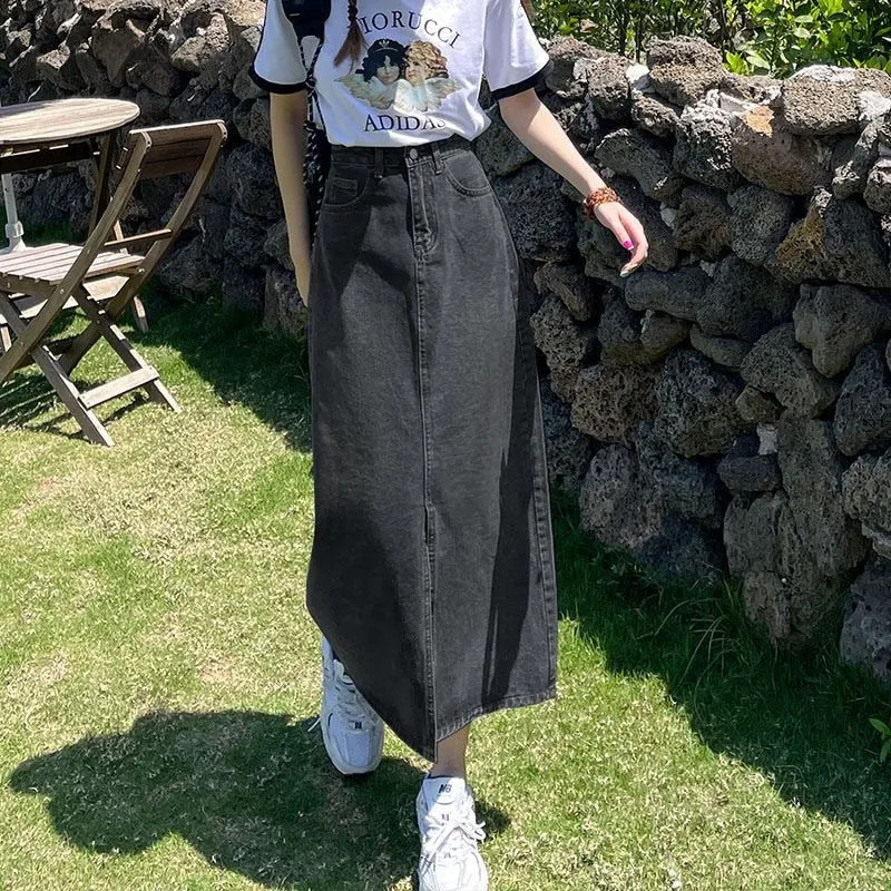 Vintage High Waist Women Denim Midi Skirt Summer Thin Section Slit A Line Skirts Fashion Casual All Match Denim Skirts