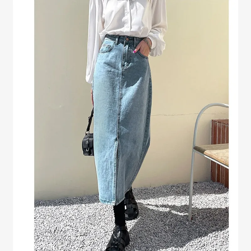 Vintage High Waist Women Denim Midi Skirt Summer Thin Section Slit A Line Skirts Fashion Casual All Match Denim Skirts