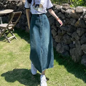 Vintage High Waist Women Denim Midi Skirt Summer Thin Section Slit A Line Skirts Fashion Casual All Match Denim Skirts