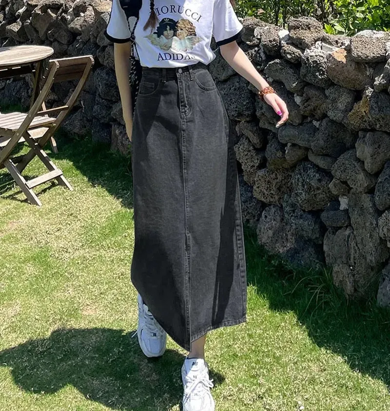 Vintage High Waist Women Denim Midi Skirt Summer Thin Section Slit A Line Skirts Fashion Casual All Match Denim Skirts