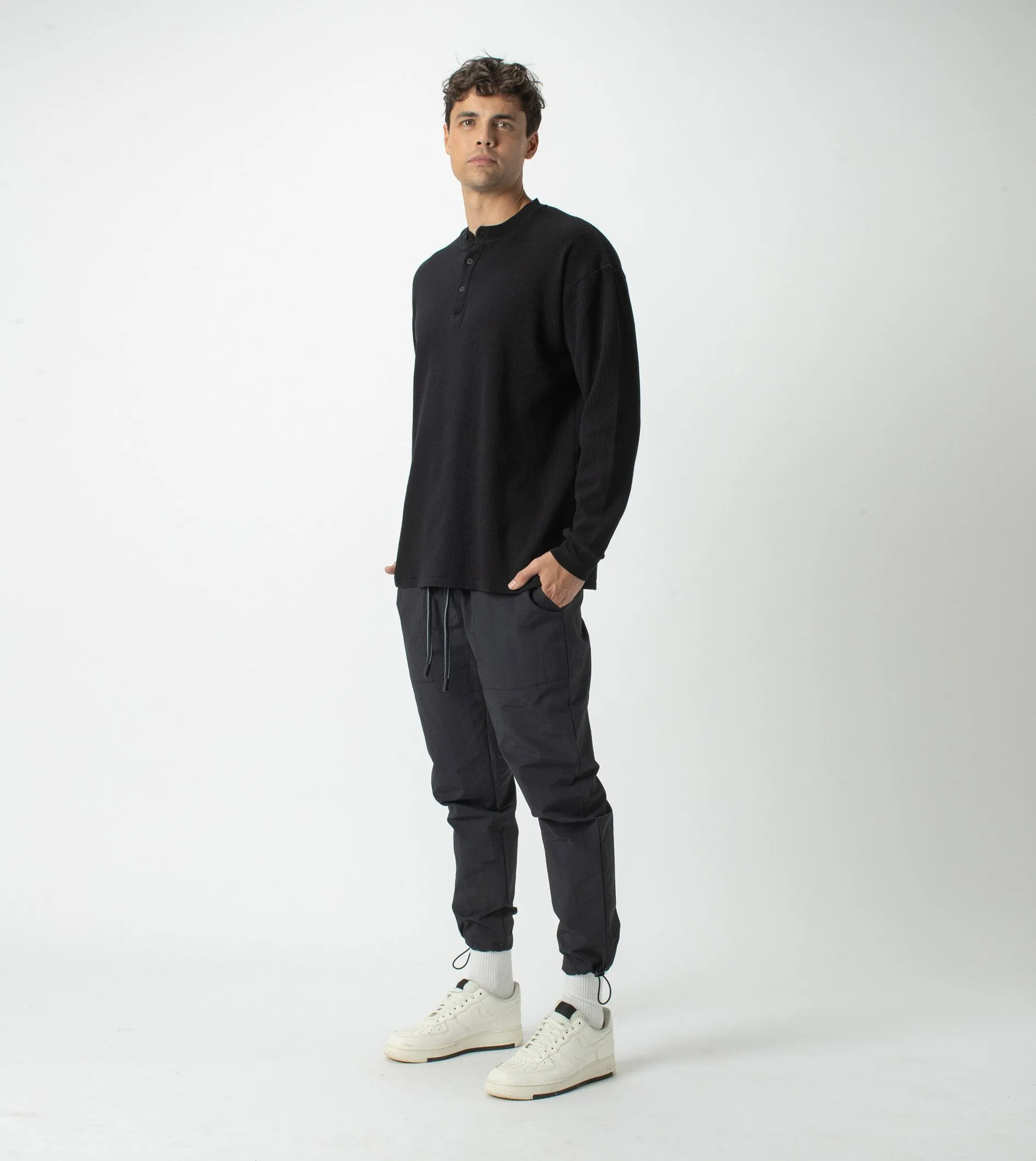 Waffle Henley LS Tee Black