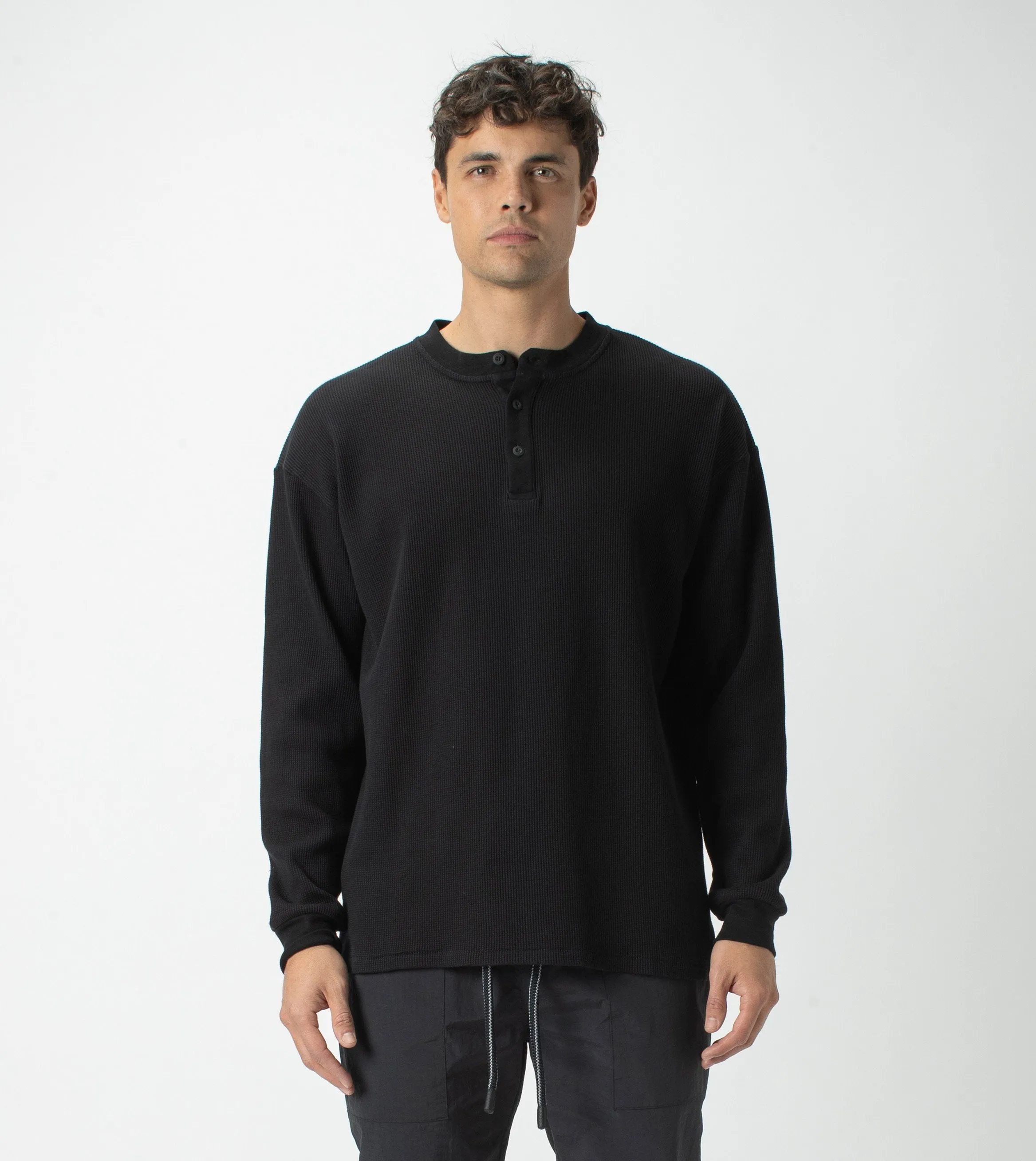 Waffle Henley LS Tee Black