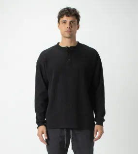 Waffle Henley LS Tee Black