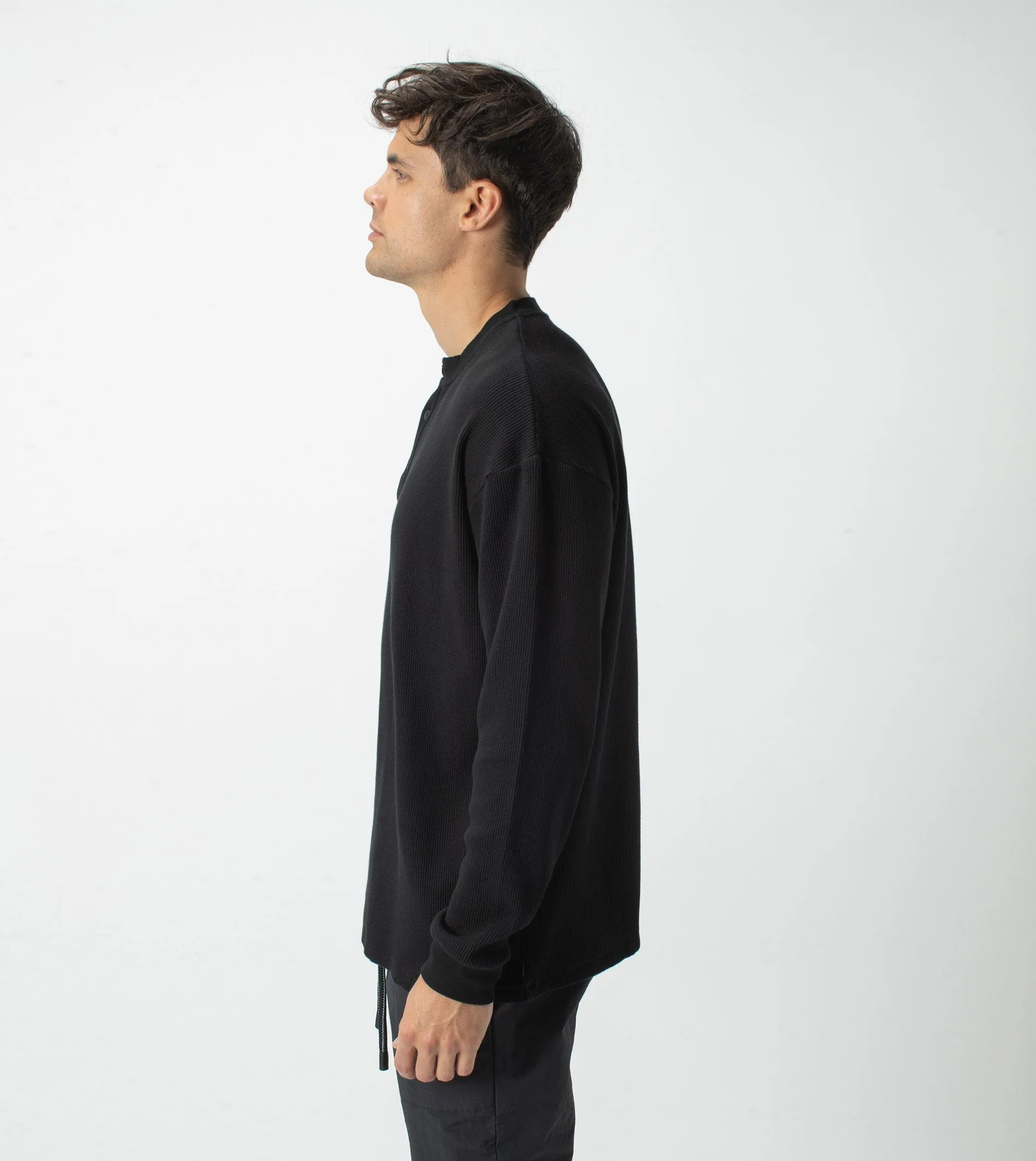 Waffle Henley LS Tee Black