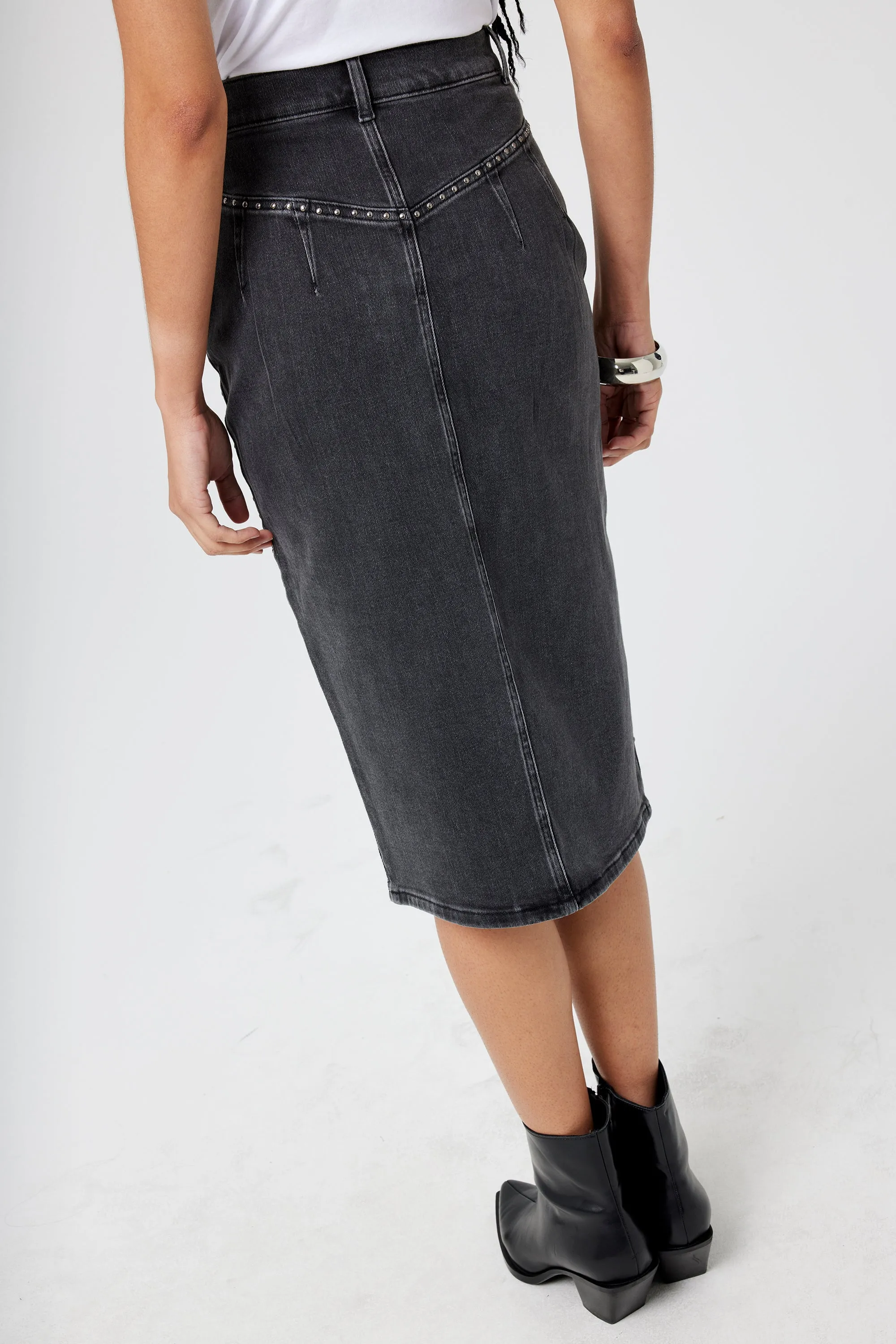 Washed Black Studded Denim Split Front Midi Skirt