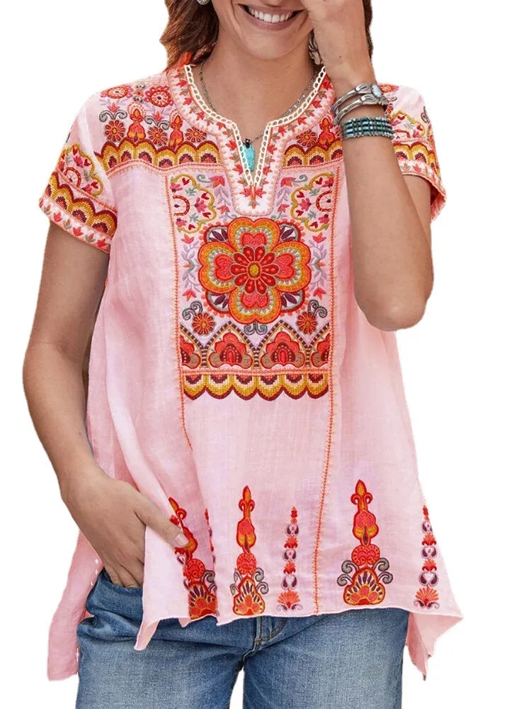 Women Ethnic Print Short Sleeve V-Neck Slit Hem Bohemian T-Shirts