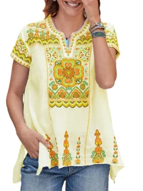 Women Ethnic Print Short Sleeve V-Neck Slit Hem Bohemian T-Shirts