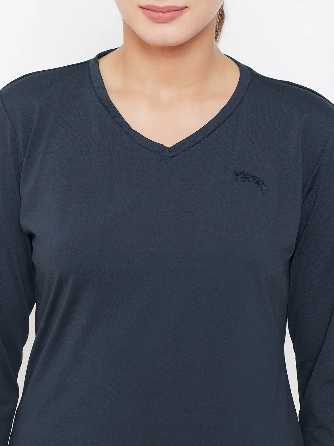 Women Navy Blue Active Wear V-Neck T-shirt