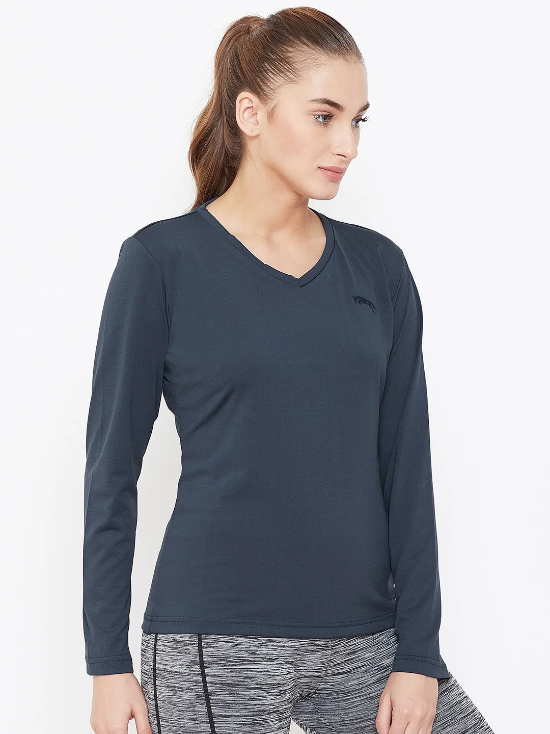 Women Navy Blue Active Wear V-Neck T-shirt